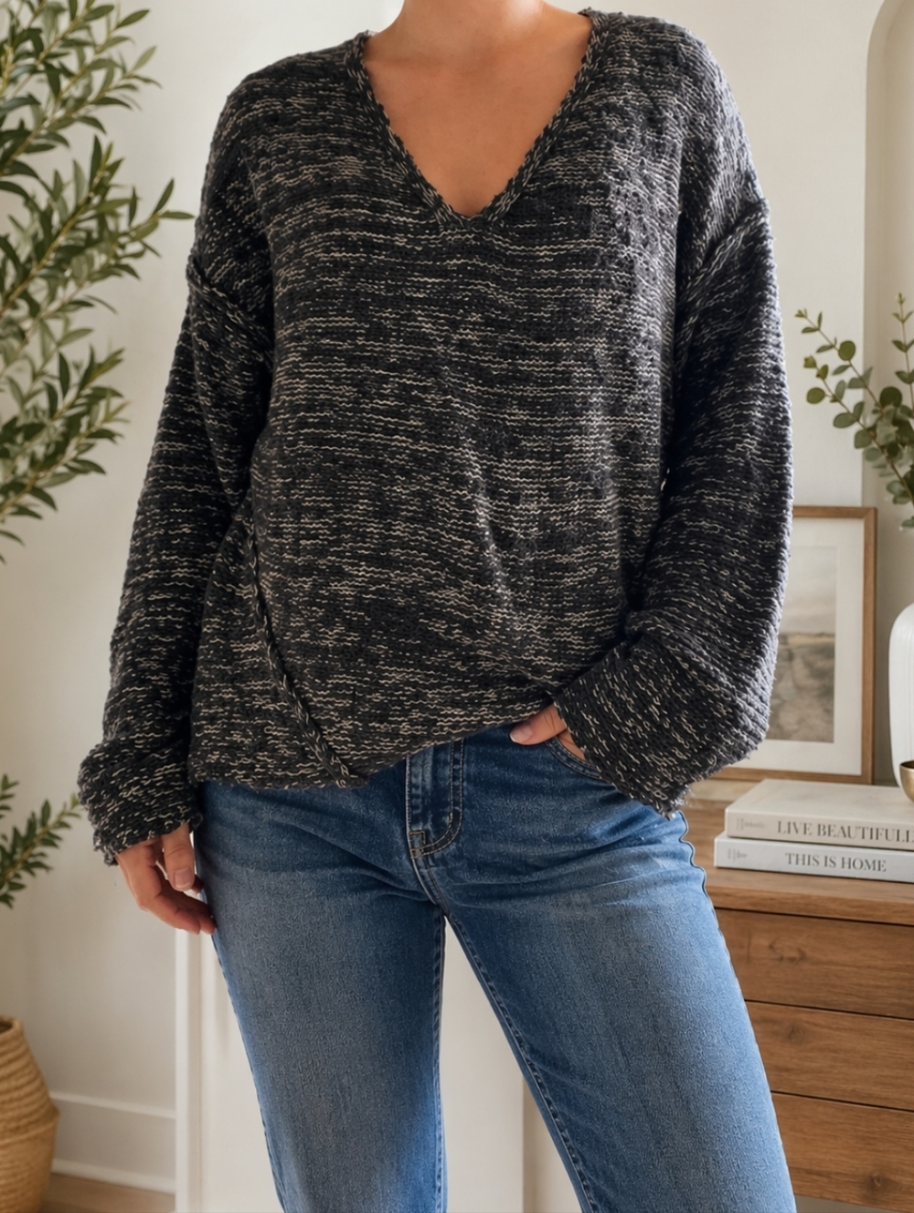 Boho Cozycore Marled Knit‎ Sweater Oversized Slouchy V Neck Chunky Pullover SZ M